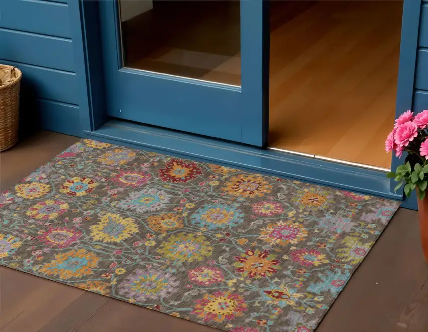 Chocolate Gold And Pink Damask Washable Indoor Outdoor Area Rug Photo 1