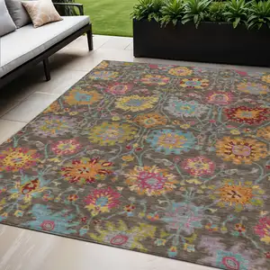 Photo of Chocolate Gold And Pink Damask Washable Indoor Outdoor Area Rug
