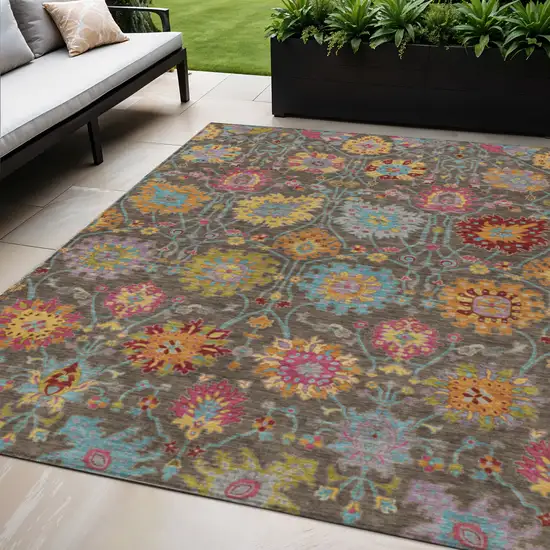 Chocolate Gold And Pink Damask Washable Indoor Outdoor Area Rug Photo 1