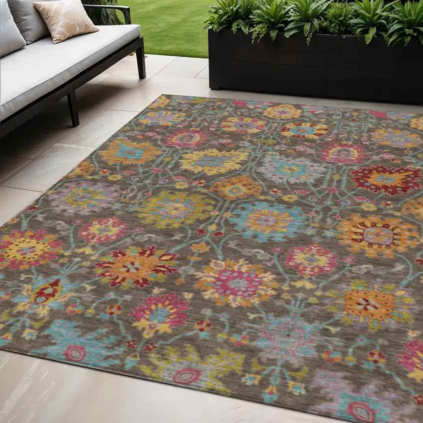 Chocolate Gold And Pink Damask Washable Indoor Outdoor Area Rug Photo 1