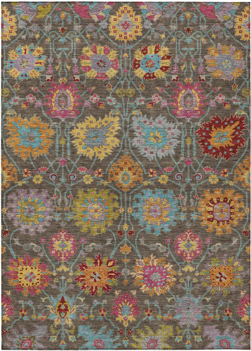 Chocolate Gold And Pink Damask Washable Indoor Outdoor Area Rug Photo 2