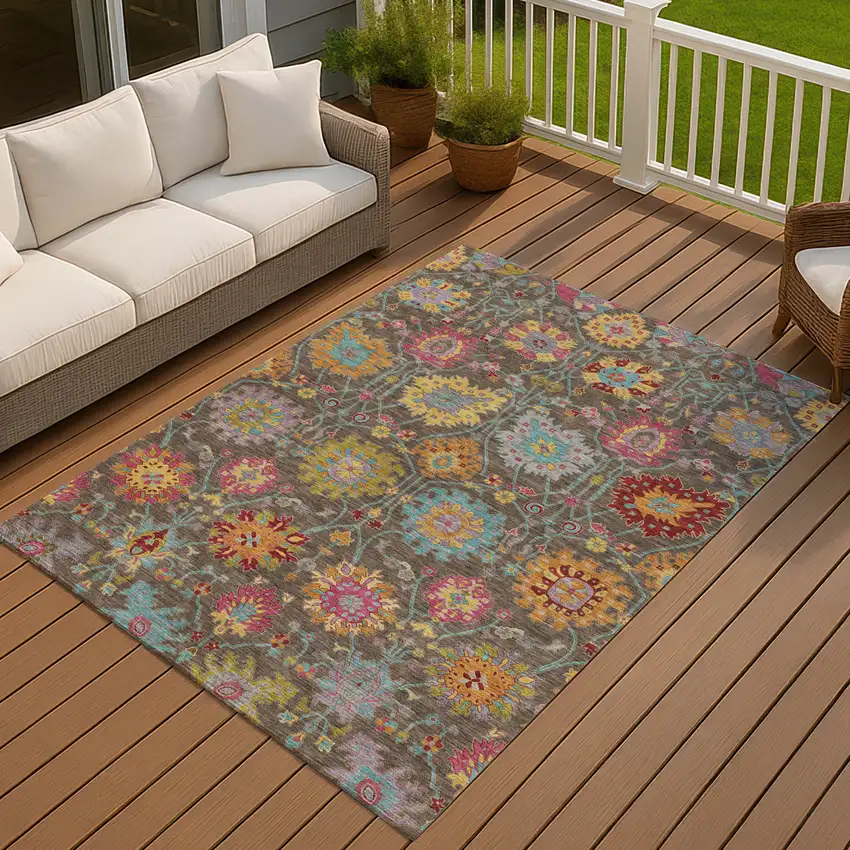 Chocolate Gold And Pink Damask Washable Indoor Outdoor Area Rug Photo 7