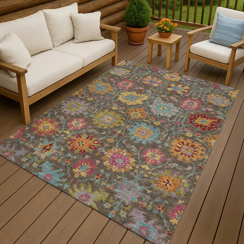 Chocolate Gold And Pink Damask Washable Indoor Outdoor Area Rug Photo 9