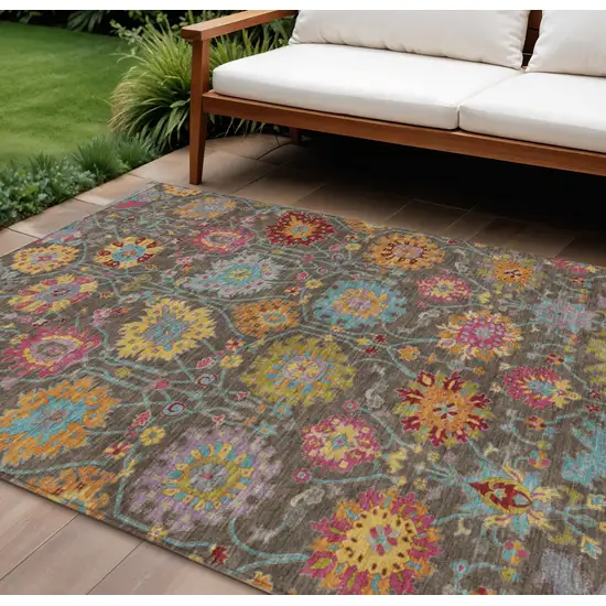 Chocolate Gold And Pink Damask Washable Indoor Outdoor Area Rug Photo 1