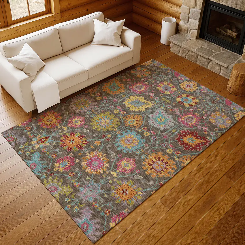 Chocolate Gold And Pink Damask Washable Indoor Outdoor Area Rug Photo 9