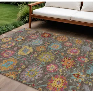 Photo of Chocolate Gold And Pink Damask Washable Indoor Outdoor Area Rug