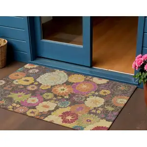 Photo of Chocolate Gold And Pink Floral Washable Indoor Outdoor Area Rug