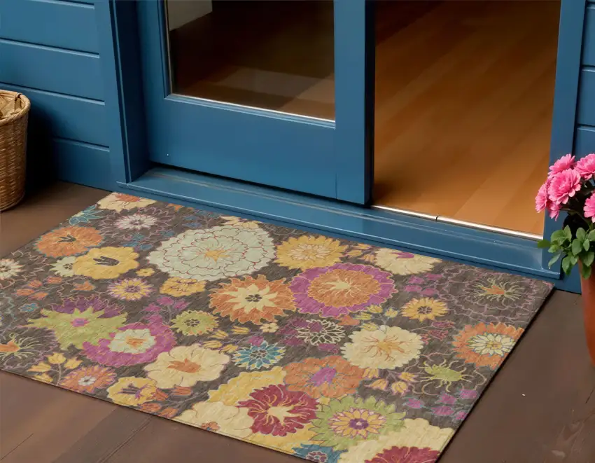 Chocolate Gold And Pink Floral Washable Indoor Outdoor Area Rug Photo 1