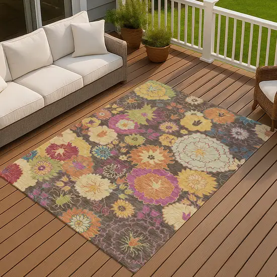 Chocolate Gold And Pink Floral Washable Indoor Outdoor Area Rug Photo 9