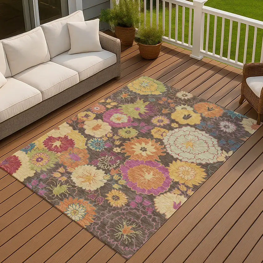 Chocolate Gold And Pink Floral Washable Indoor Outdoor Area Rug Photo 9