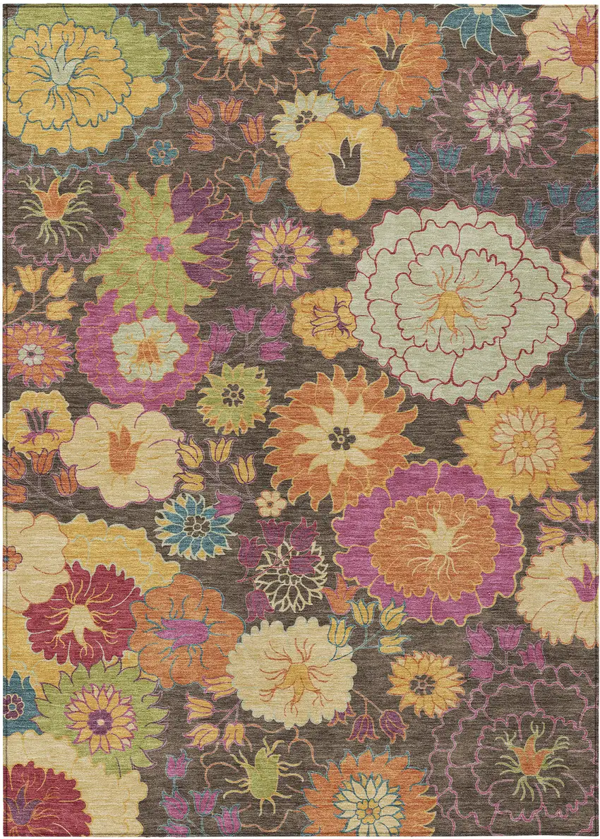 Chocolate Gold And Pink Floral Washable Indoor Outdoor Area Rug Photo 2