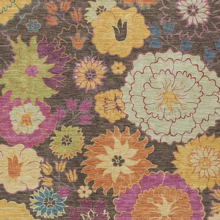 Chocolate Gold And Pink Floral Washable Indoor Outdoor Area Rug Photo 7