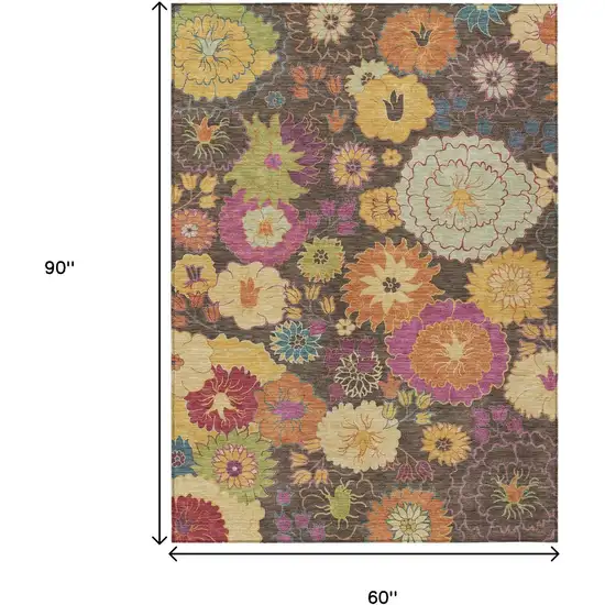 Chocolate Gold And Pink Floral Washable Indoor Outdoor Area Rug Photo 3