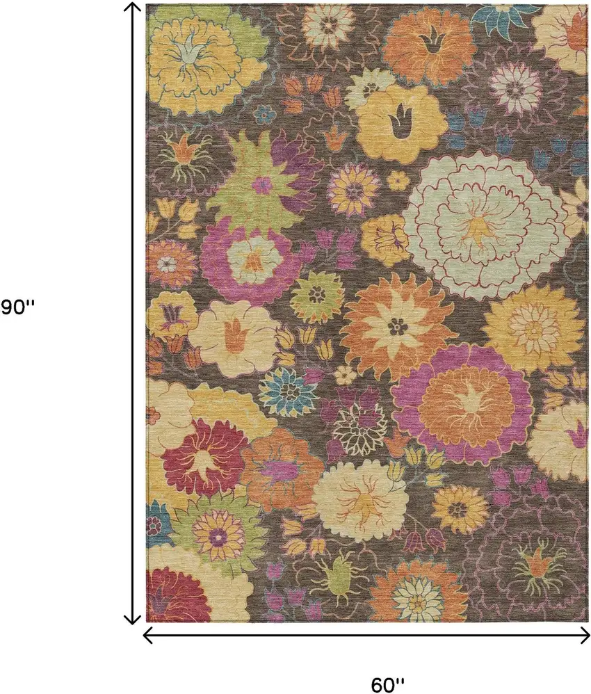 Chocolate Gold And Pink Floral Washable Indoor Outdoor Area Rug Photo 3