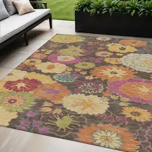 Photo of Chocolate Gold And Pink Floral Washable Indoor Outdoor Area Rug