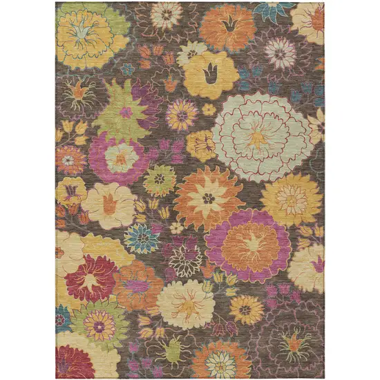 Chocolate Gold And Pink Floral Washable Indoor Outdoor Area Rug Photo 2