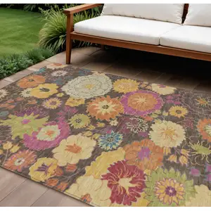 Photo of Chocolate Gold And Pink Floral Washable Indoor Outdoor Area Rug