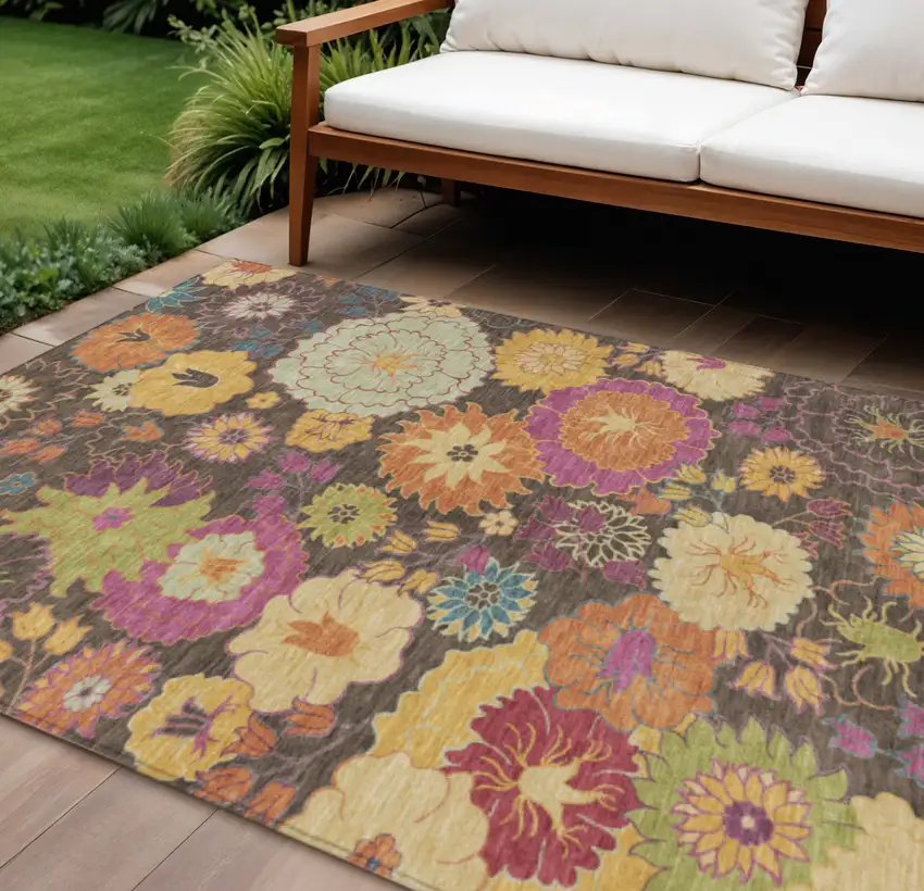 Chocolate Gold And Pink Floral Washable Indoor Outdoor Area Rug Photo 1