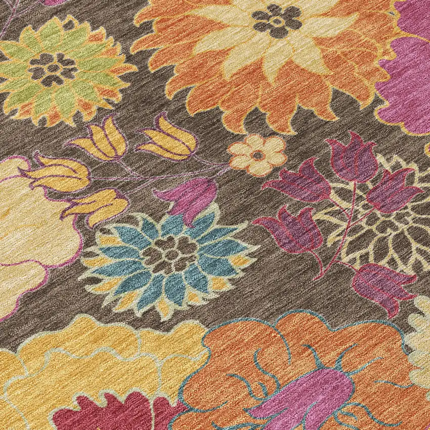 Chocolate Gold And Pink Floral Washable Indoor Outdoor Area Rug Photo 8