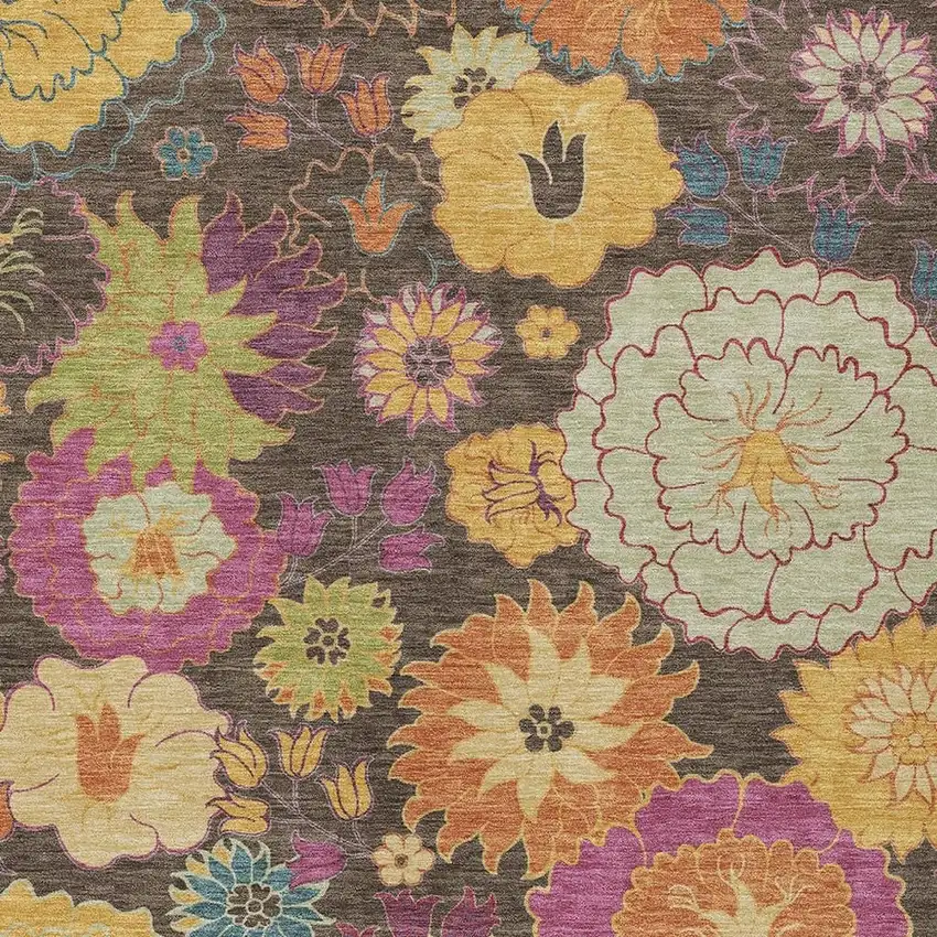 Chocolate Gold And Pink Floral Washable Indoor Outdoor Area Rug Photo 7