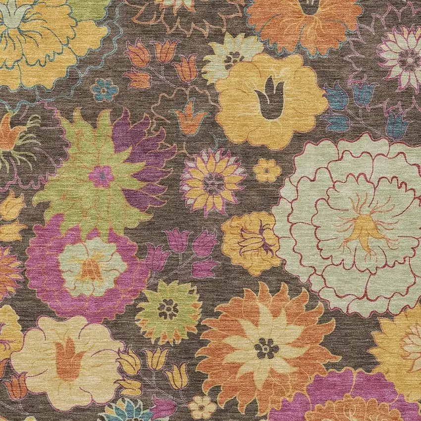 Chocolate Gold And Pink Floral Washable Indoor Outdoor Area Rug Photo 7