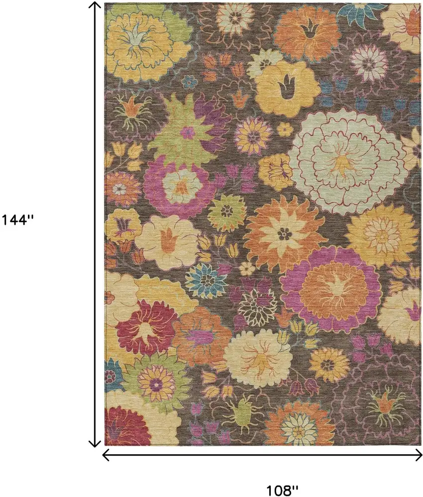 Chocolate Gold And Pink Floral Washable Indoor Outdoor Area Rug Photo 3