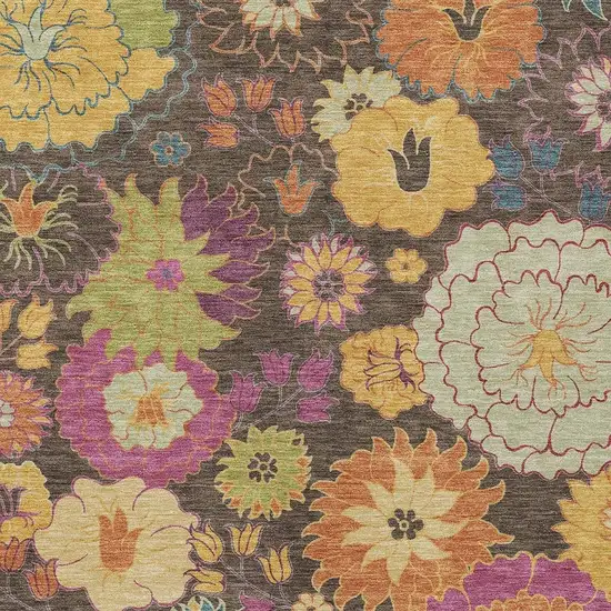 Chocolate Gold And Pink Floral Washable Indoor Outdoor Area Rug Photo 7