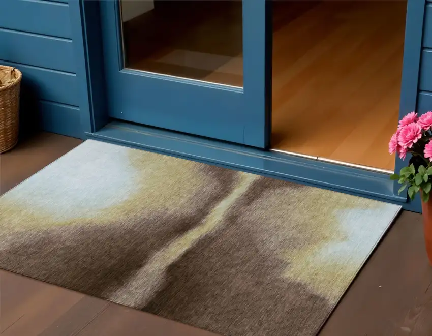 Chocolate Gold And Plum Abstract Washable Indoor Outdoor Area Rug Photo 1