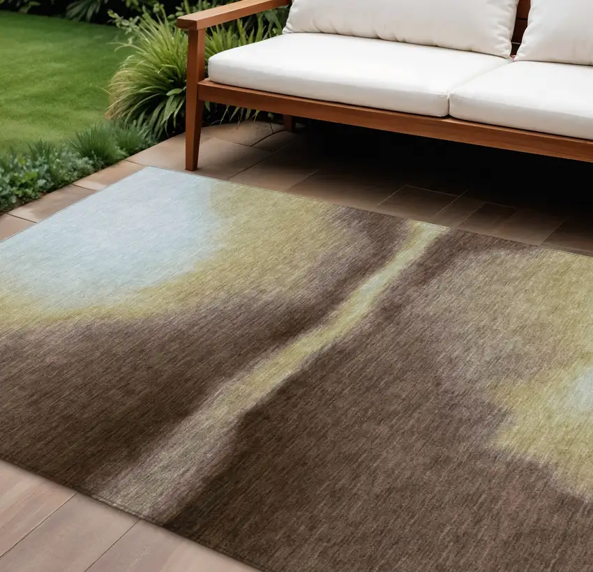 Chocolate Gold And Plum Abstract Washable Indoor Outdoor Area Rug Photo 1