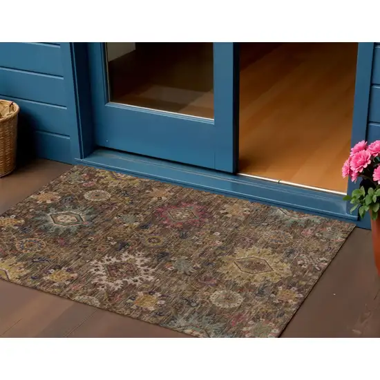 Chocolate Gold And Teal Blue Medallion Washable Indoor Outdoor Area Rug Photo 2