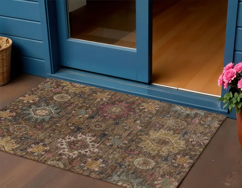 Chocolate Gold And Teal Blue Medallion Washable Indoor Outdoor Area Rug Photo 2