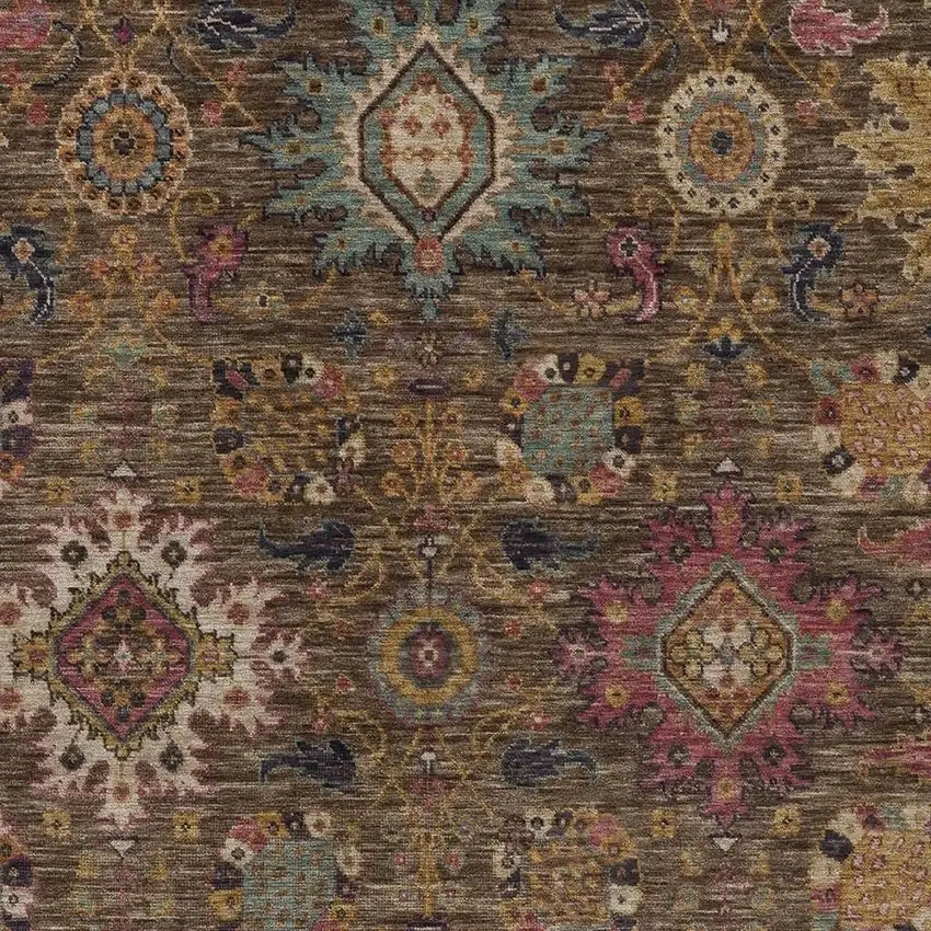 Chocolate Gold And Teal Blue Medallion Washable Indoor Outdoor Area Rug Photo 6