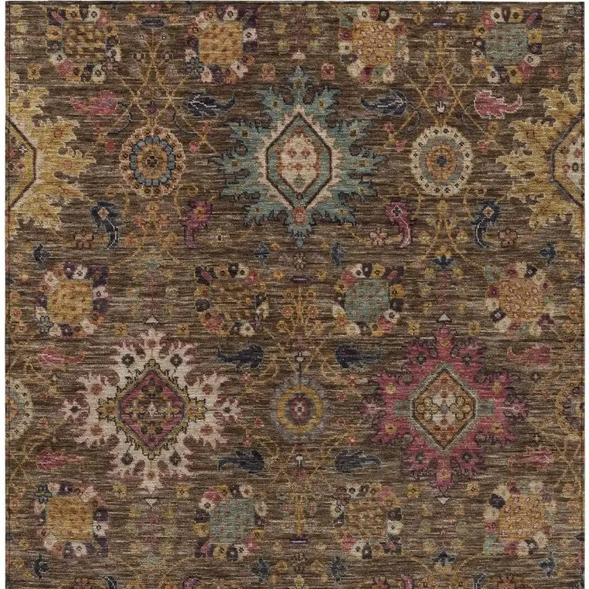 Chocolate Gold And Teal Blue Medallion Washable Indoor Outdoor Area Rug Photo 3