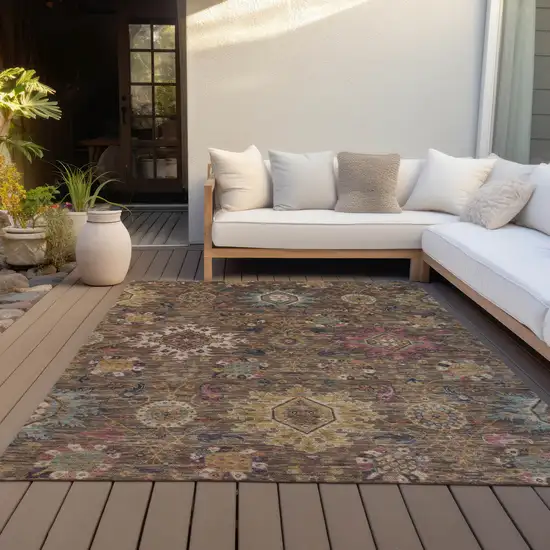 Chocolate Gold And Teal Blue Medallion Washable Indoor Outdoor Area Rug Photo 8