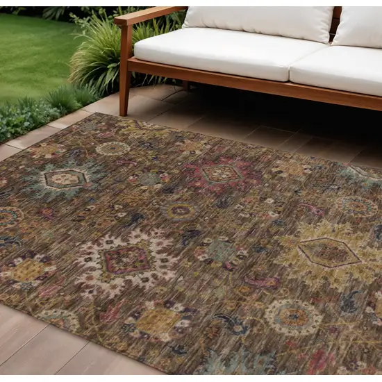 Chocolate Gold And Teal Blue Medallion Washable Indoor Outdoor Area Rug Photo 2