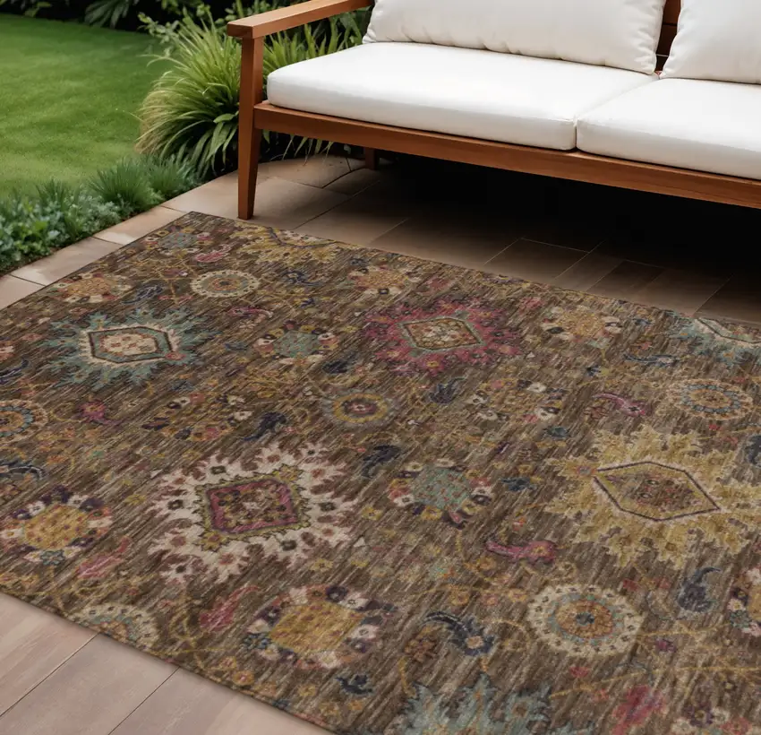 Chocolate Gold And Teal Blue Medallion Washable Indoor Outdoor Area Rug Photo 2