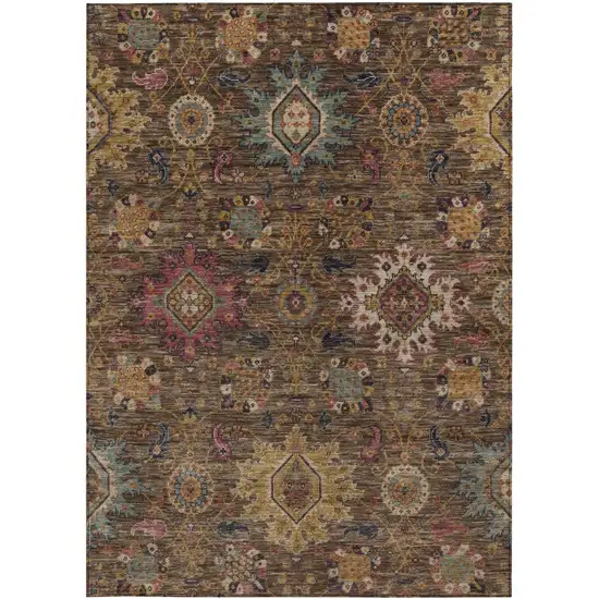 Chocolate Gold And Teal Blue Medallion Washable Indoor Outdoor Area Rug Photo 3