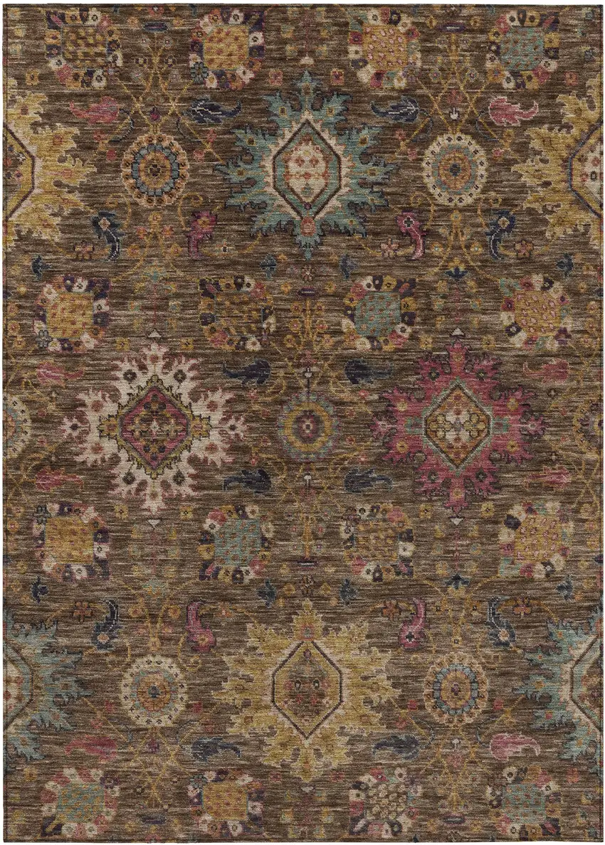 Chocolate Gold And Teal Blue Medallion Washable Indoor Outdoor Area Rug Photo 1