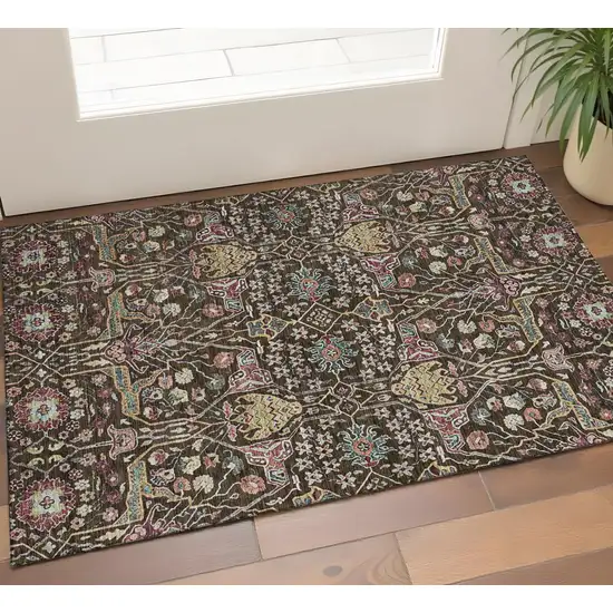 Chocolate Gold And Teal Floral Washable Area Rug With UV Protection Photo 1