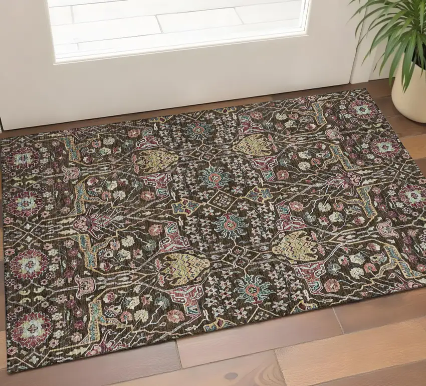 Chocolate Gold And Teal Floral Washable Area Rug With UV Protection Photo 1