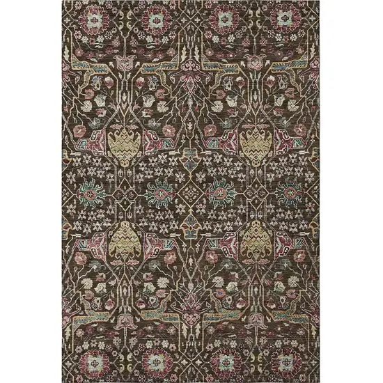 Chocolate Gold And Teal Floral Washable Area Rug With UV Protection Photo 2