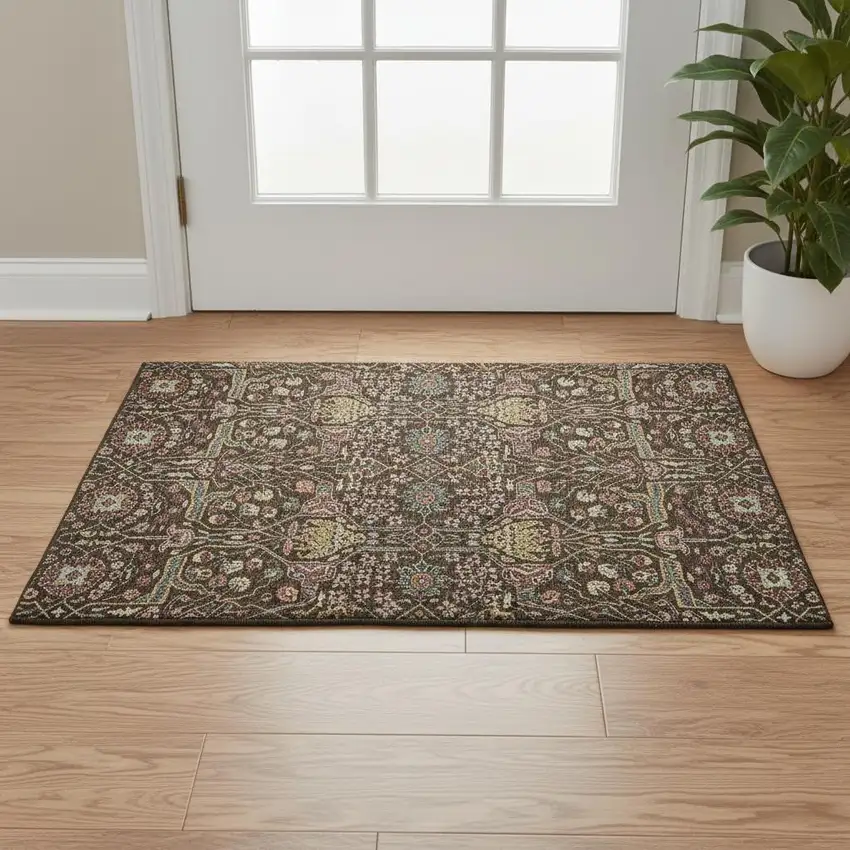 Chocolate Gold And Teal Floral Washable Area Rug With UV Protection Photo 2