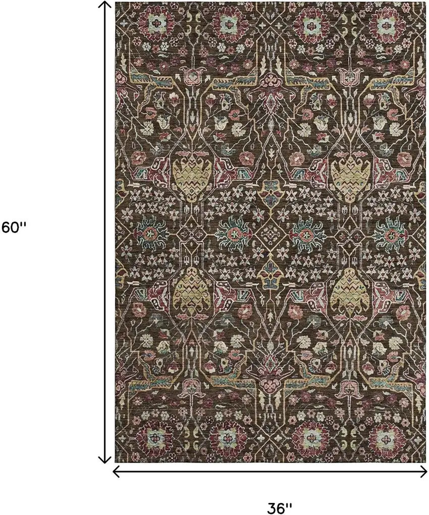 Chocolate Gold And Teal Floral Washable Area Rug With UV Protection Photo 9