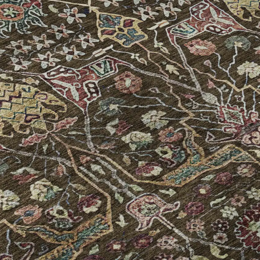 Chocolate Gold And Teal Floral Washable Area Rug With UV Protection Photo 9