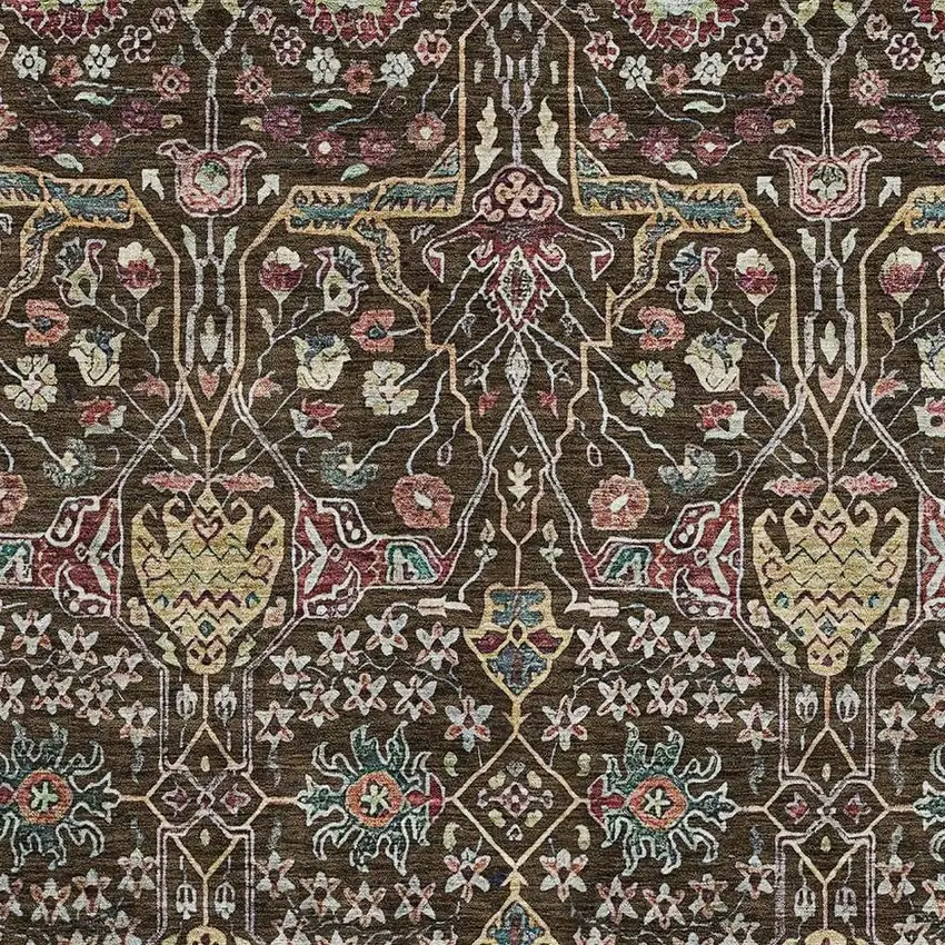 Chocolate Gold And Teal Floral Washable Area Rug With UV Protection Photo 2