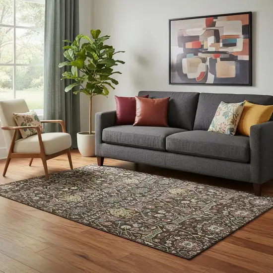 Chocolate Gold And Teal Floral Washable Area Rug With UV Protection Photo 2