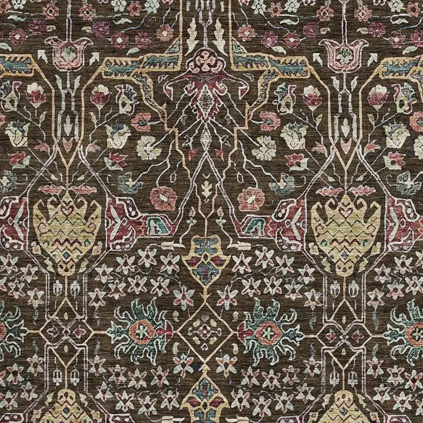 Chocolate Gold And Teal Floral Washable Area Rug With UV Protection Photo 2