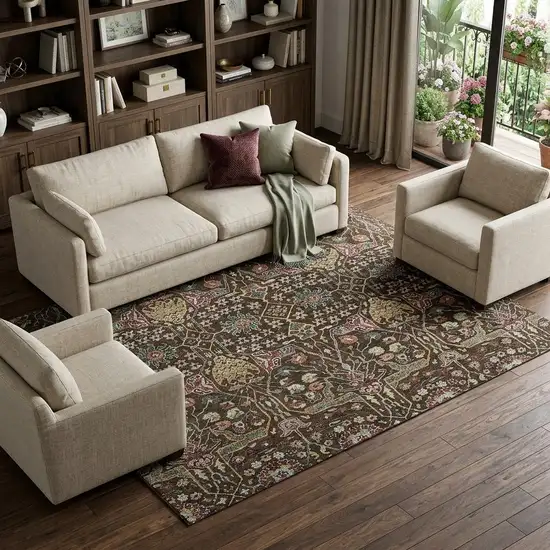 Chocolate Gold And Teal Floral Washable Area Rug With UV Protection Photo 1