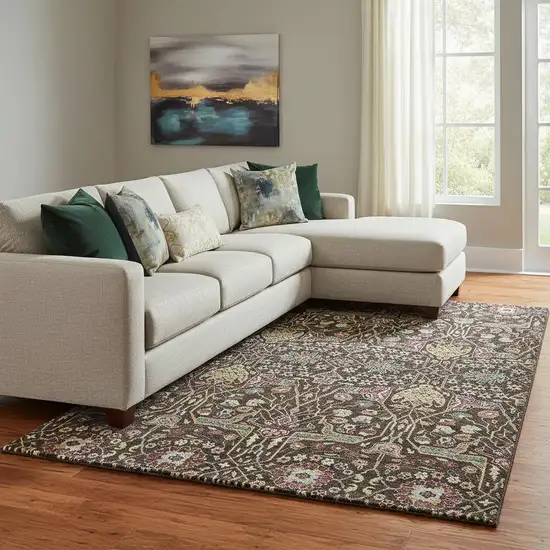 Chocolate Gold And Teal Floral Washable Area Rug With UV Protection Photo 2