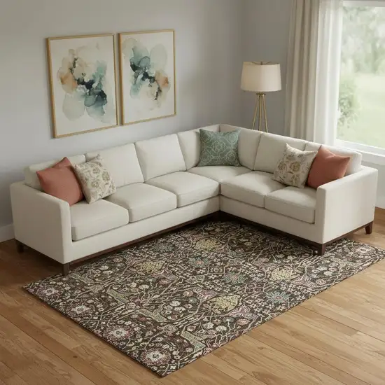 Chocolate Gold And Teal Floral Washable Area Rug With UV Protection Photo 2